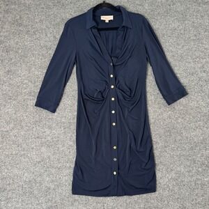 Philosophy Womens M Navy Jersey Midi Dress Ruched Button‎ Front Minimalist Chic